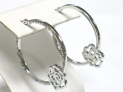 Flower accent crystal side metal hoop earring - hoops