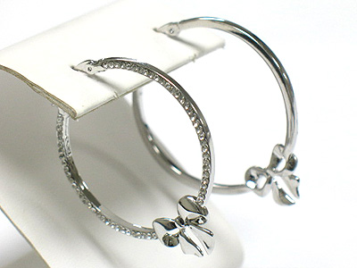 Ribbon accent crystal side metal hoop earring - hoops