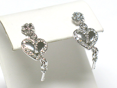 Made in korea whitegold plating crystal heart lock and key drop earring