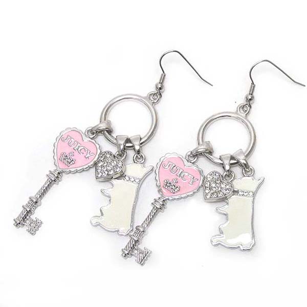 Made in korea whitegold plating designer inspired enamel dog and crystal key drop earring