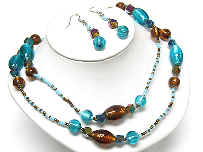 Seed beads and glass beads long necklace and earring set