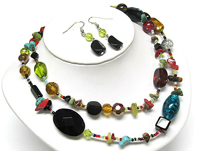 Double strand multi beads abd stone necklace and earring set