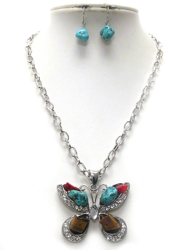 Turquoise and natural material butterfly necklace and earring set