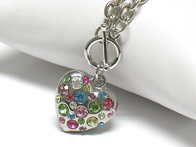 Crystal bubble puffy heart toggle necklace