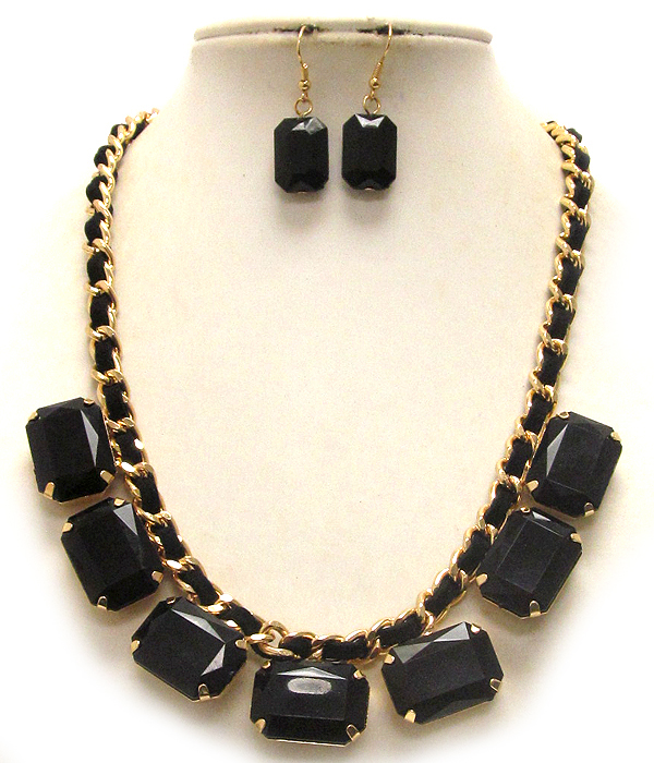 Multi acrylic stone drop suede cord and metal chain necklace earring set