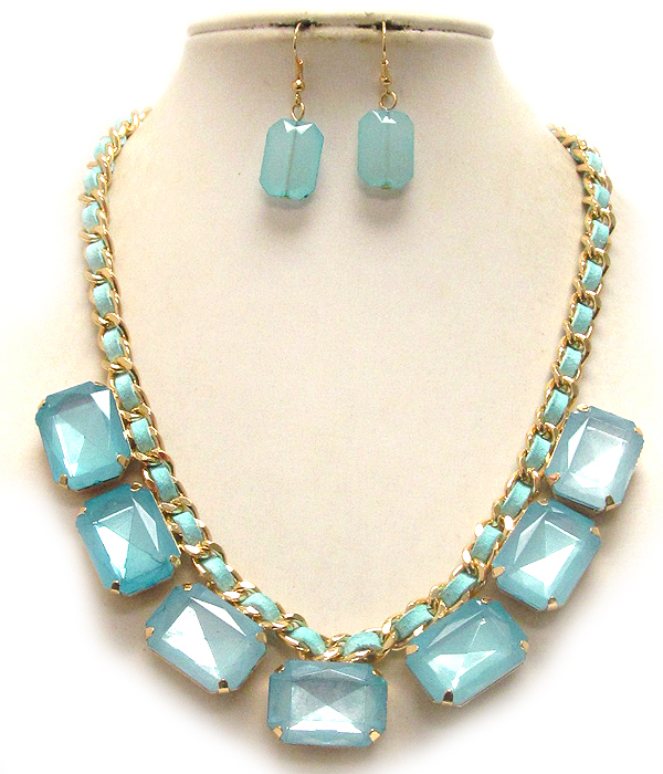 Multi acrylic stone drop suede cord and metal chain necklace earring set