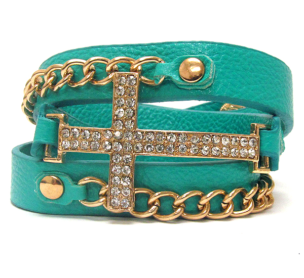 Crystal metal cross with leather band and metal chain on button bracelet