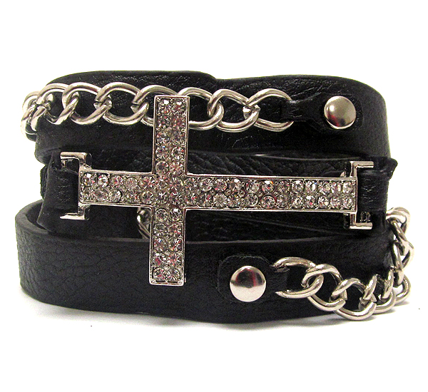 Crystal metal cross with leather band and metal chain on button bracelet