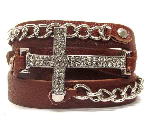 Crystal metal cross with leather band and metal chain on button bracelet