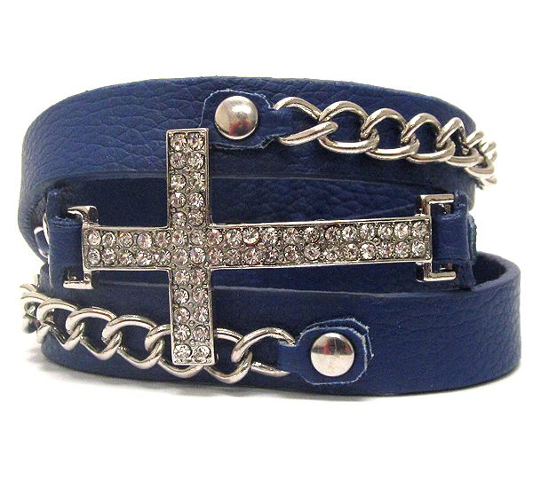 Crystal metal cross with leather band and metal chain on button bracelet