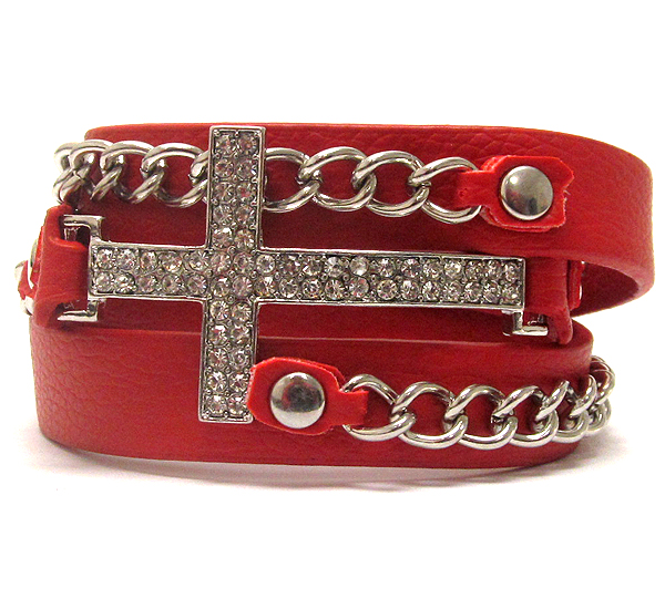 Crystal metal cross with leather band and metal chain on button bracelet