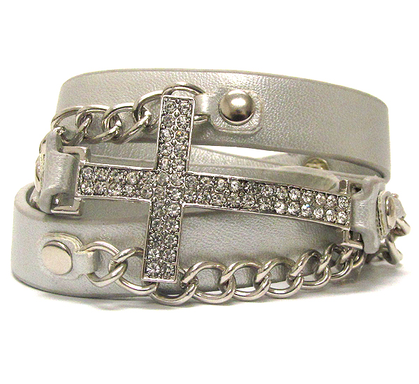 Crystal metal cross with leather band and metal chain on button bracelet