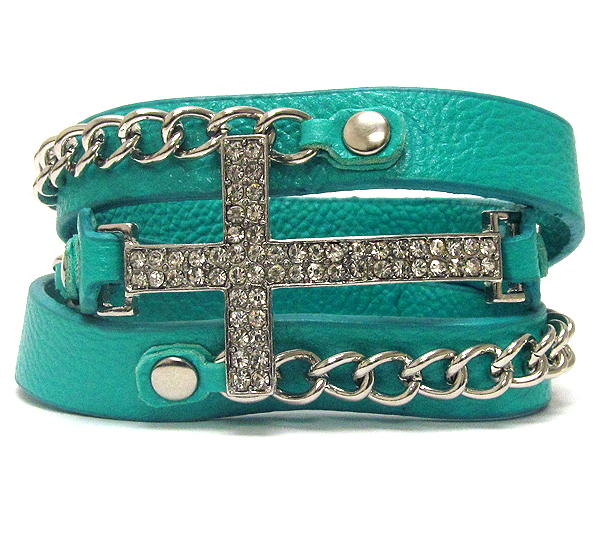 Crystal metal cross with leather band and metal chain on button bracelet