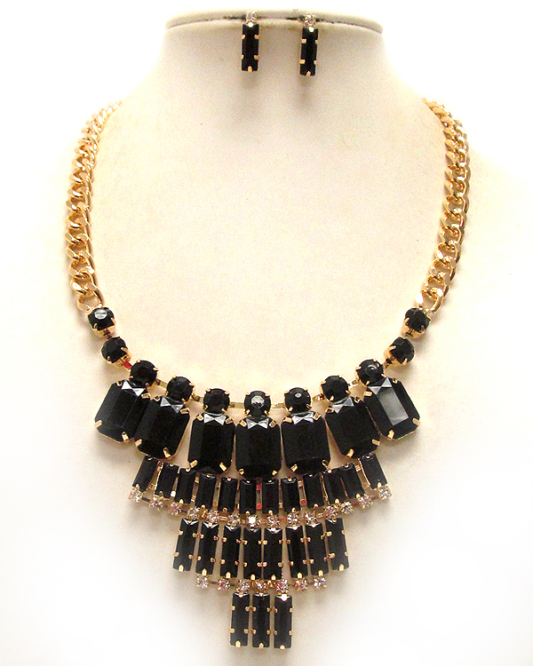 Multi crystal and acrylic baguette stone deco drop bib necklace earring set