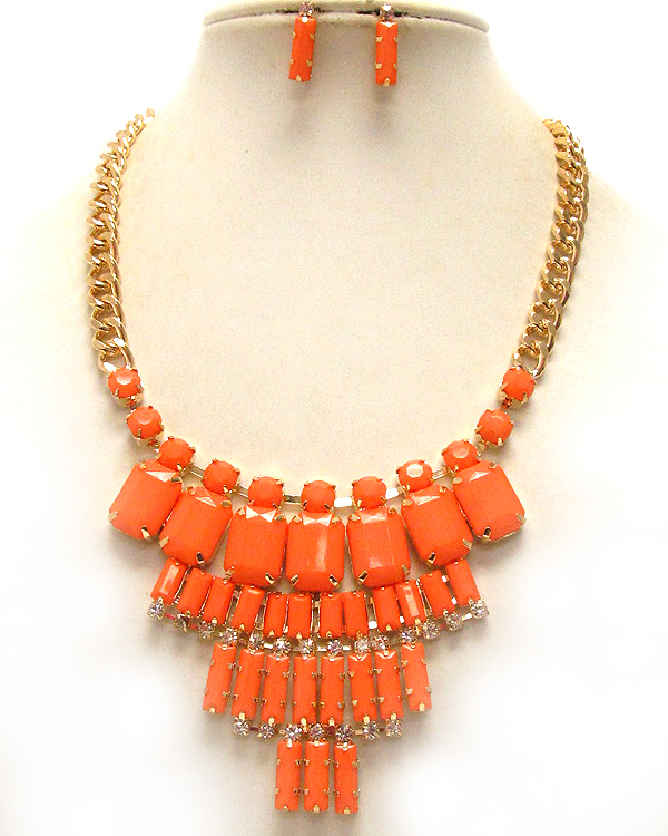 Multi crystal and acrylic baguette stone deco drop bib necklace earring set