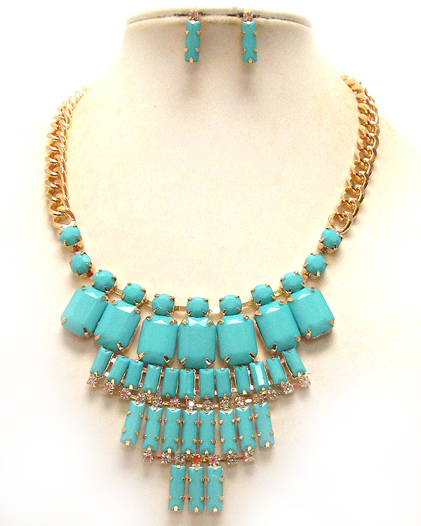 Multi crystal and acrylic baguette stone deco drop bib necklace earring set