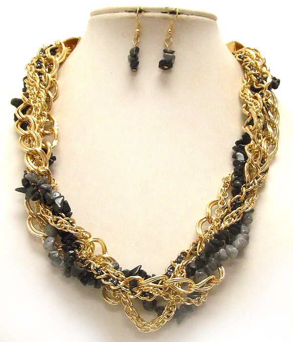 Multi chain and chip stone twist necklace earring set