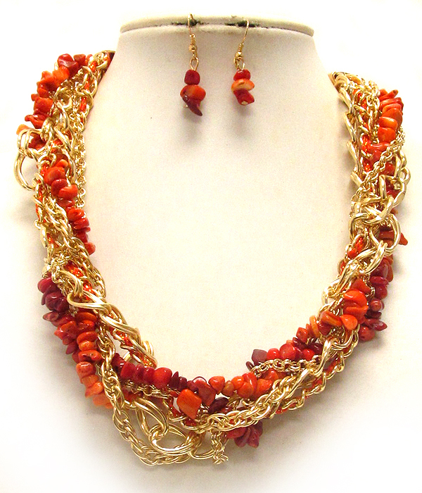 Multi chain and chip stone twist necklace earring set