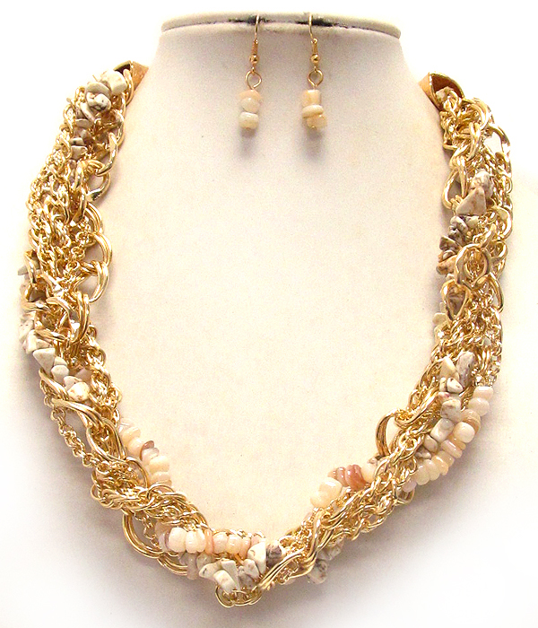 Multi chain and chip stone twist necklace earring set