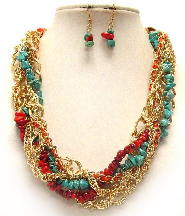 Multi chain and chip stone twist necklace earring set