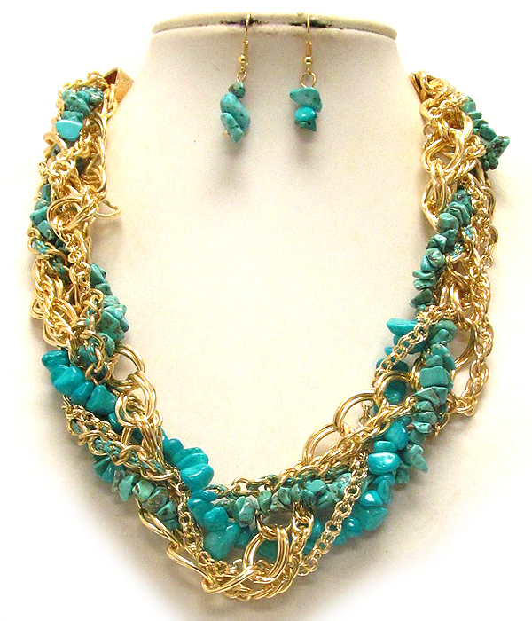 Multi chain and chip stone twist necklace earring set