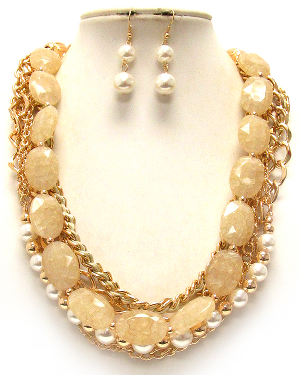 Multi layered acrylic stone and pearl and chain mix necklace earring set