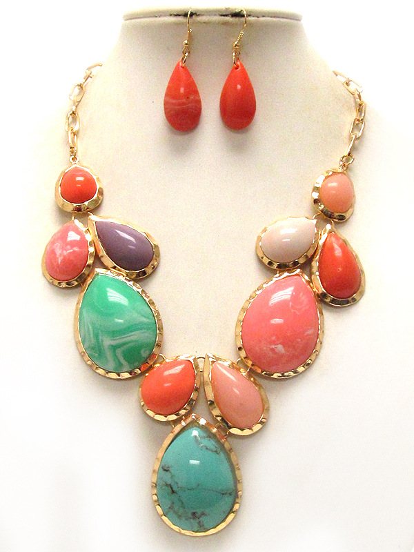 Multi teardrop acrylic stone necklace earring set