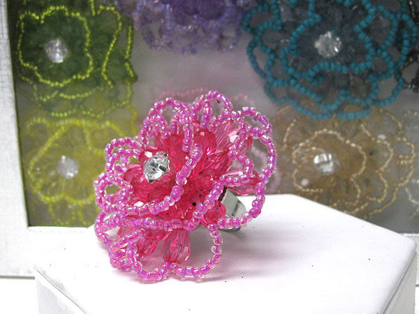 12 pc assorted color dozen special - seed bead flower ring mens jewelry