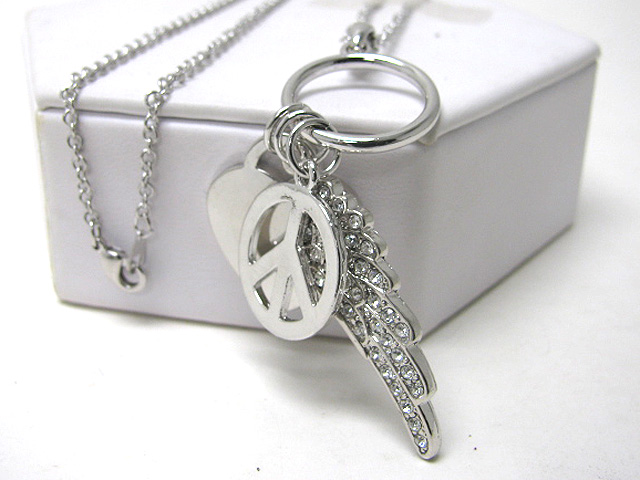 Made in korea whitegold plating crystal stud wing peace and heart charm dangle necklace