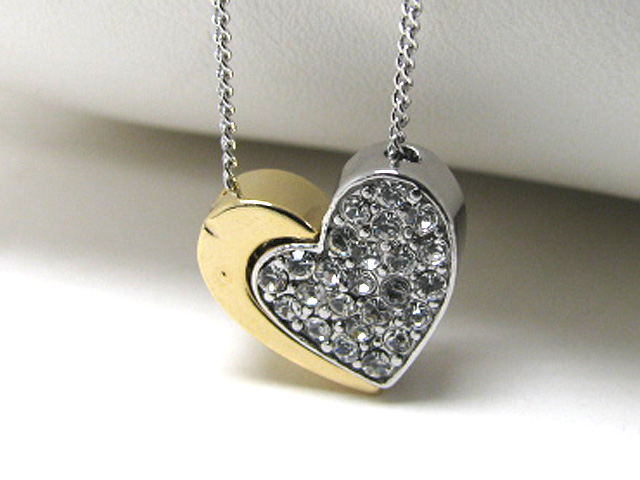 Made in korea whitegold plating crystal stud two tone heart pendant necklace