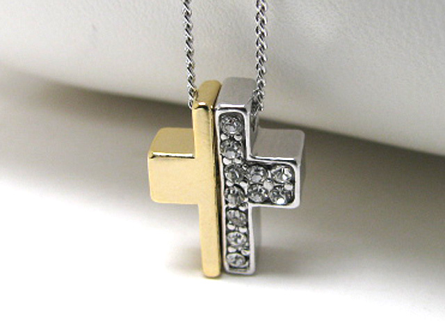 Made in korea whitegold plating crystal stud two tone cross pendant necklace