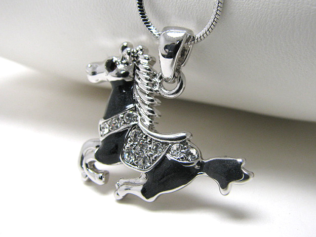 Made in korea whitegold plating crystal stud horse pendant necklace