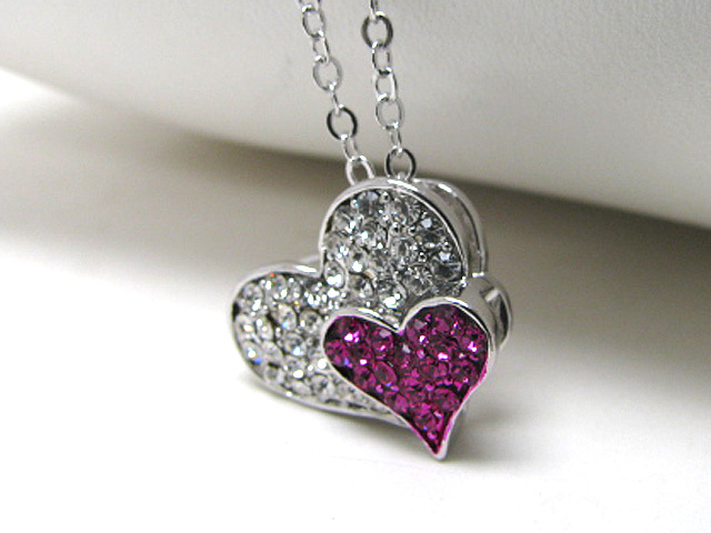 Made in korea whitegold plating crystal stud dual heart pendant necklace