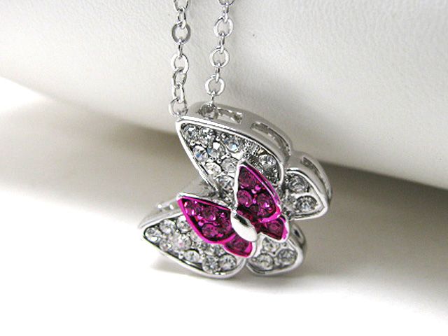 Made in korea whitegold plating crystal stud dual butterfly pendant necklace