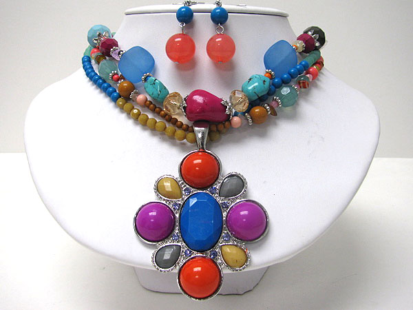 Boutique style stone and beads art deco multi strand necklace earring set