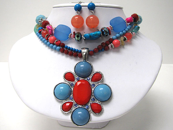 Boutique style stone and beads art deco multi strand necklace earring set