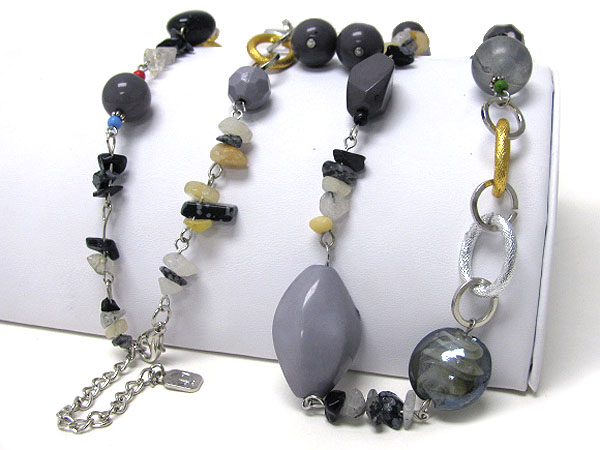 Glass ball and genuine stone bead long necklace earring set