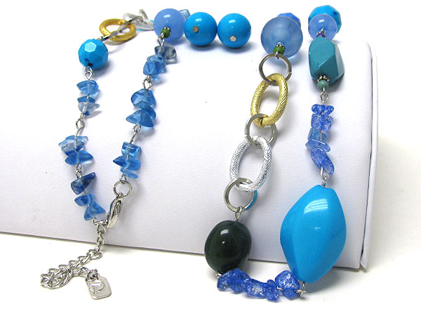 Glass ball and genuine stone bead long necklace earring set