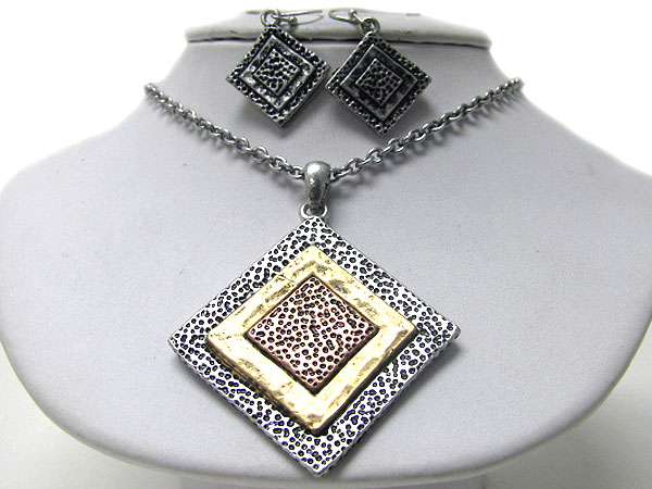 Burnish metal combo pendant neckalce earring set