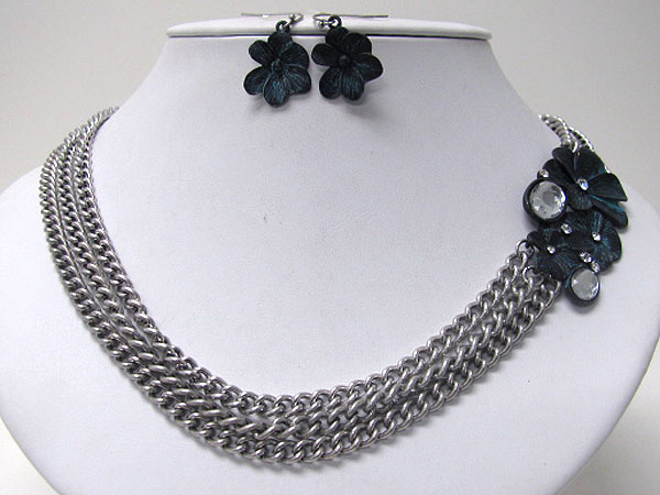 Metal flower and crystal deco accent 3 line chain necklace earring set