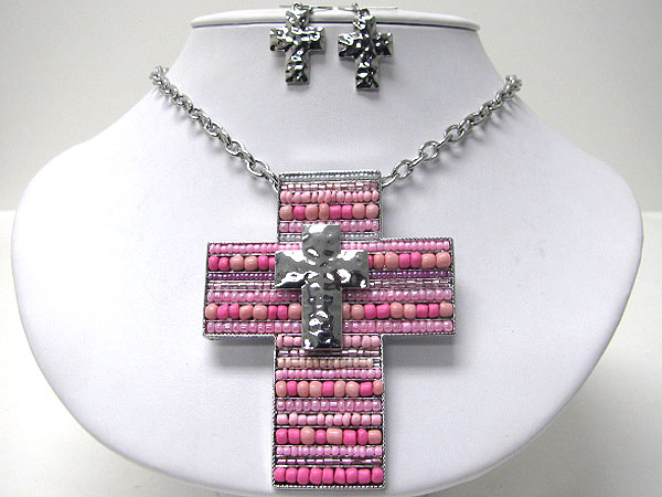 Meatl cross on large seed bead filled cross necklace earring set