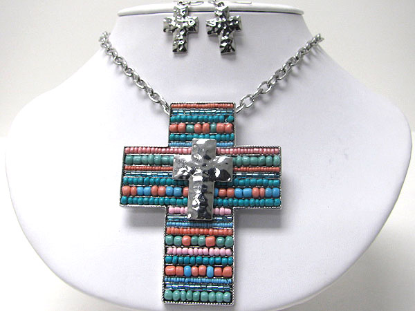 Meatl cross on large seed bead filled cross necklace earring set