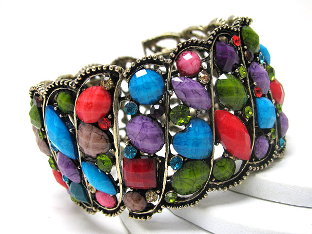 Facet acryl stone and crystal deco metal hinge bangle