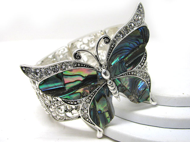 Abalone and crystal deco butterlfy top metal stretch bracelet