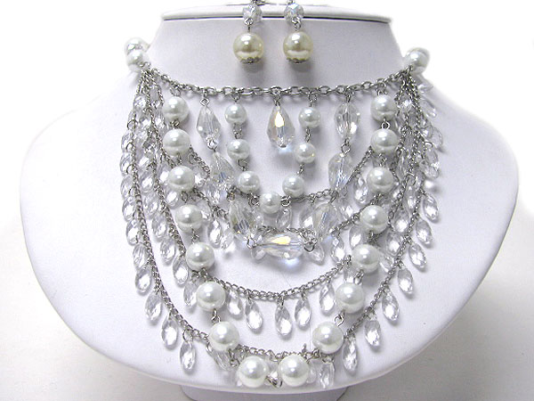 Multi glass and pearl drop bip style chain necklace earring set