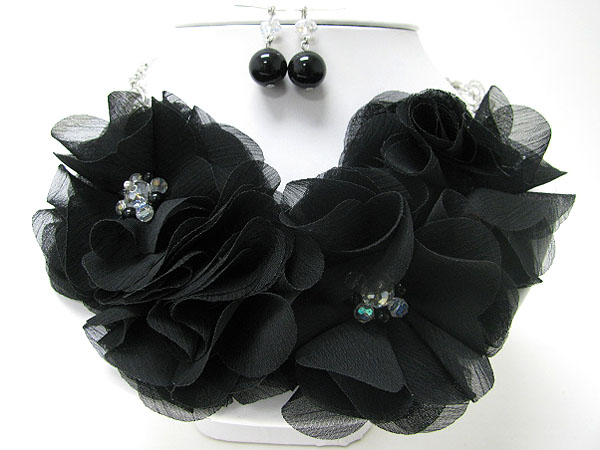 Crystal center and rich fabric flower around necklace earring set