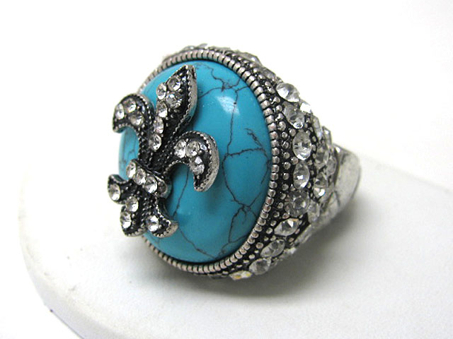 Crystal fleur de lis top turquoise stone and crystal side deco metal stretch ring