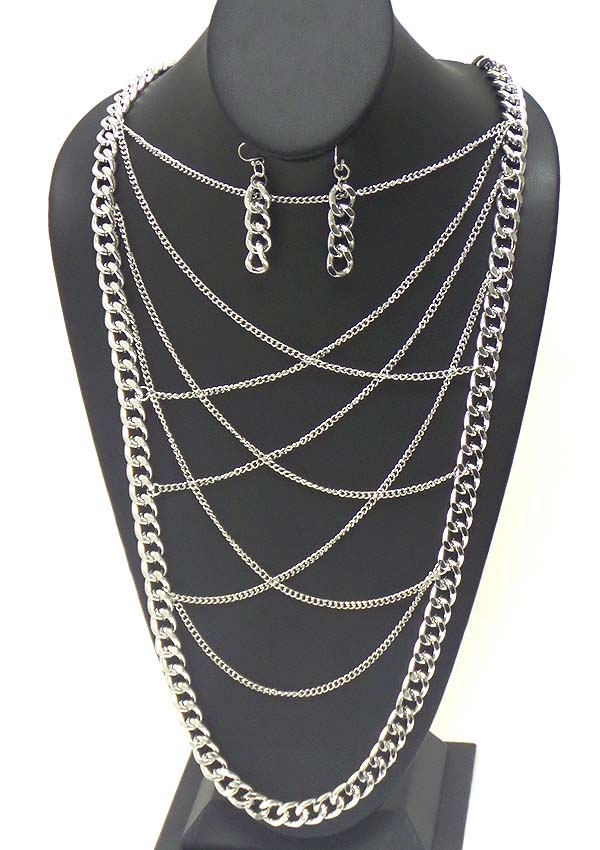 Thick chain and multi fine chain cross over long necklace earring set