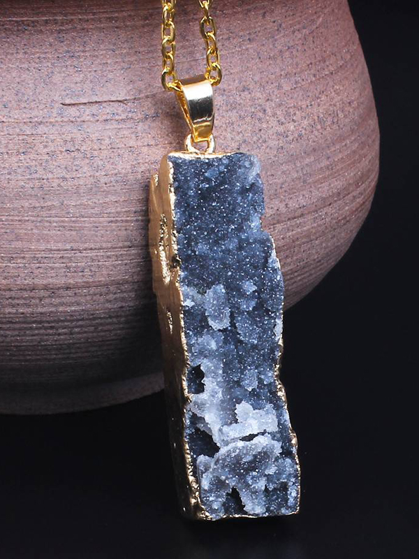 Gold wrap semi precious druzy stone pendant necklace - bar