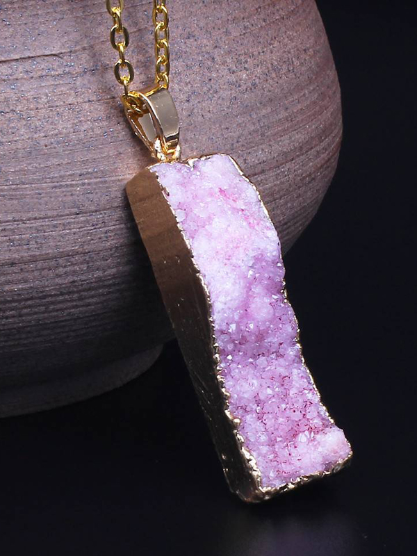 Gold wrap semi precious druzy stone pendant necklace - bar